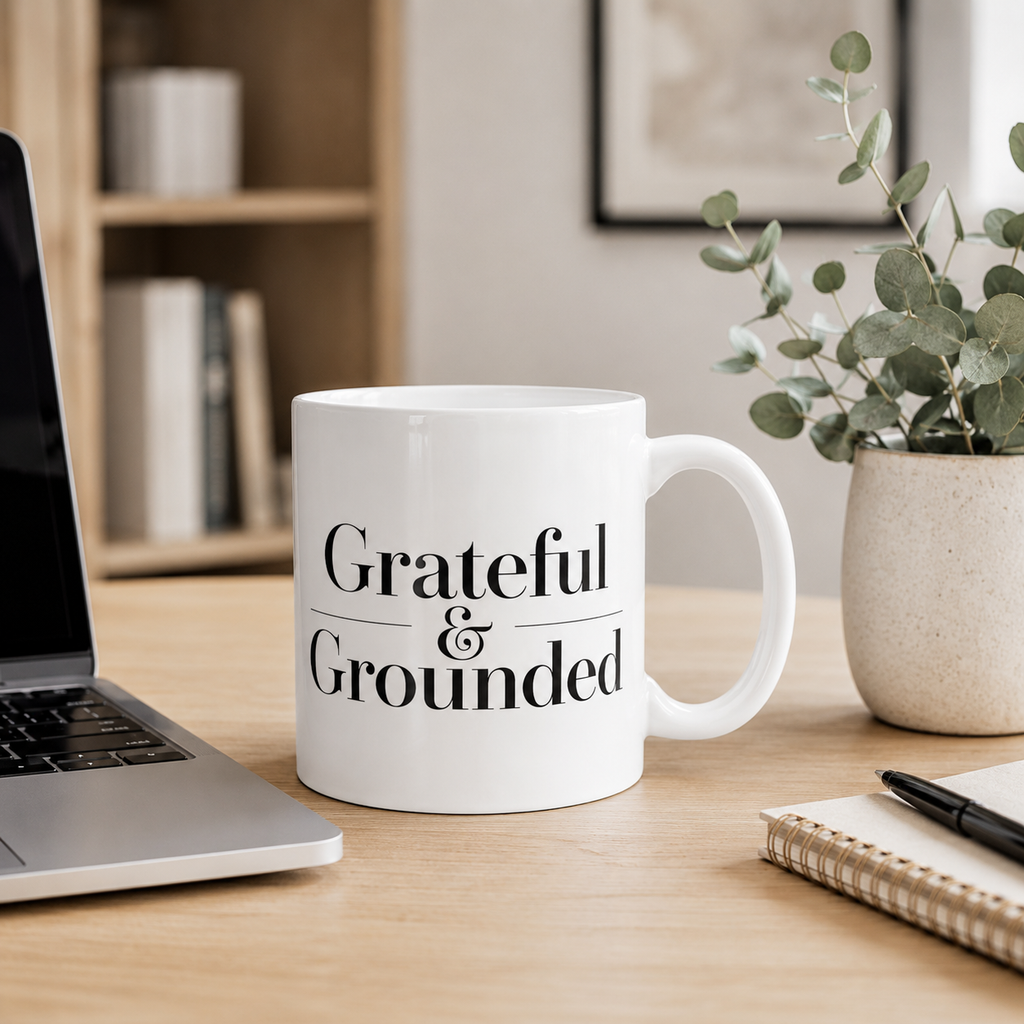 Grateful & Grounded Ceramic Mug | Minimalist Quote Coffee Mug | Aesthetic Home Decor Gift for Her | Positive Affirmation Mug