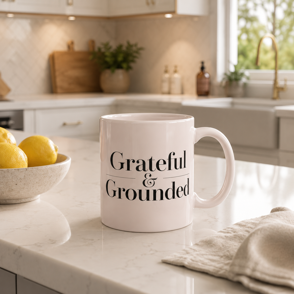 Grateful & Grounded Ceramic Mug | Minimalist Quote Coffee Mug | Aesthetic Home Decor Gift for Her | Positive Affirmation Mug