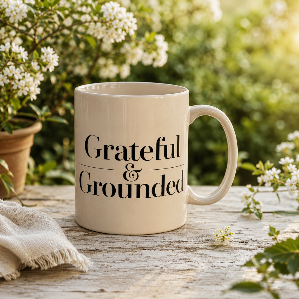 Grateful & Grounded Ceramic Mug | Minimalist Quote Coffee Mug | Aesthetic Home Decor Gift for Her | Positive Affirmation Mug