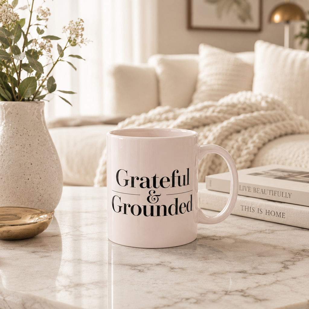 Grateful & Grounded Ceramic Mug | Minimalist Quote Coffee Mug | Aesthetic Home Decor Gift for Her | Positive Affirmation Mug