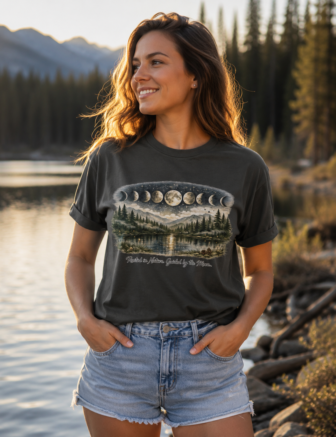 Rooted in Nature Moon Phase Tee | Women's Nature Inspired Graphic T-Shirt, Boho Celestial Forest T-shirt | Hiking & Camping Tee