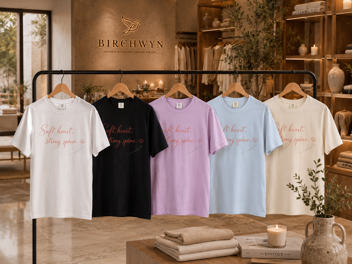 Soft Heart, Strong Spine" Script Tee | Wildflower Line Art T-Shirt for Women
