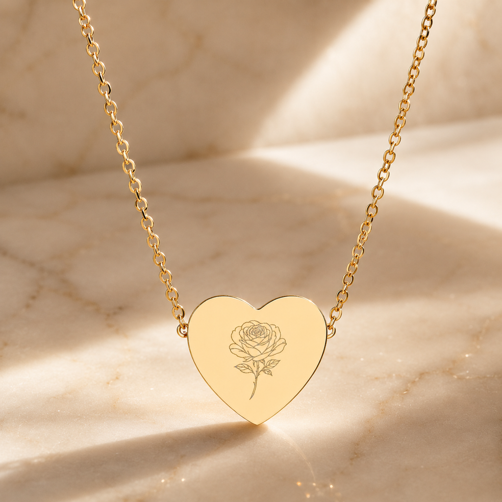 18K Rose Gold PVD Rose Engraved Heart Necklace for Women | Gift for Her