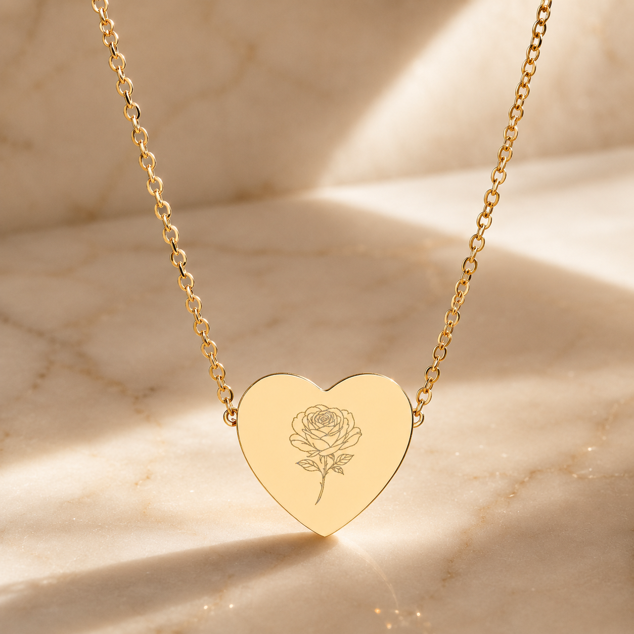 18K Rose Gold PVD Rose Engraved Heart Necklace for Women | Gift for Her