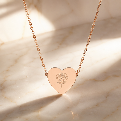 18K Rose Gold PVD Rose Engraved Heart Necklace for Women | Gift for Her