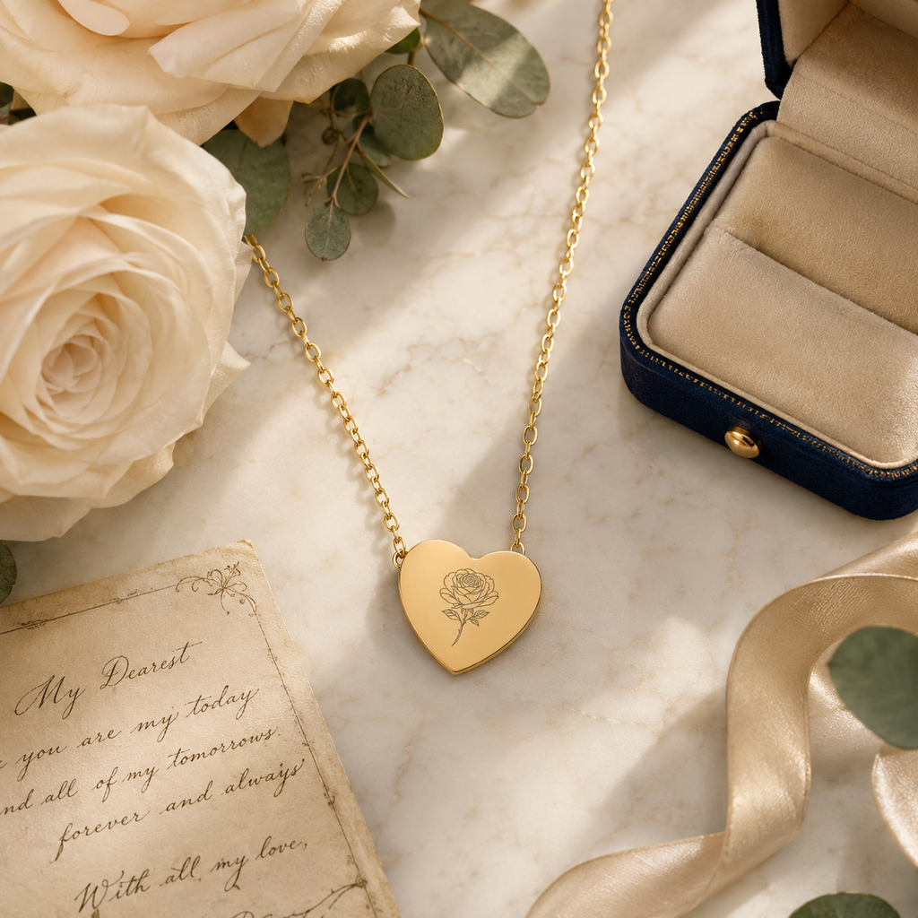 18K Rose Gold PVD Rose Engraved Heart Necklace for Women | Gift for Her