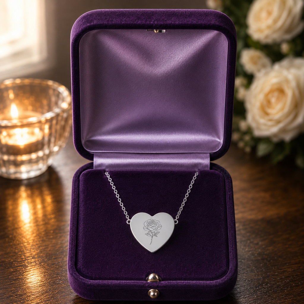18K Rose Gold PVD Rose Engraved Heart Necklace for Women | Gift for Her