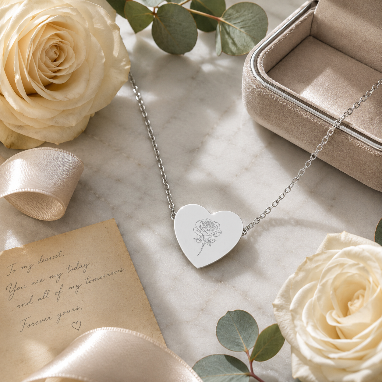 18K Rose Gold PVD Rose Engraved Heart Necklace for Women | Gift for Her