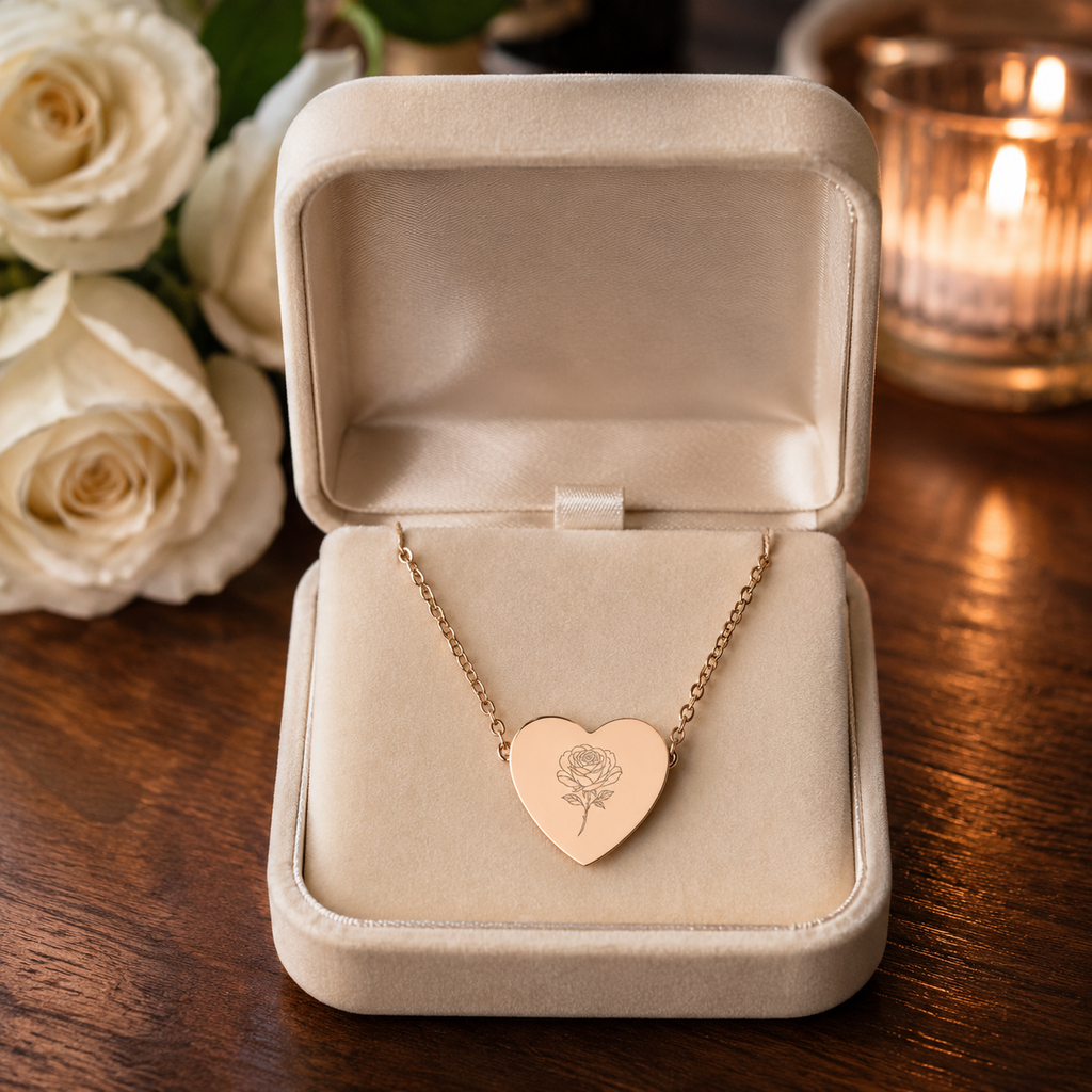 18K Rose Gold PVD Rose Engraved Heart Necklace for Women | Gift for Her
