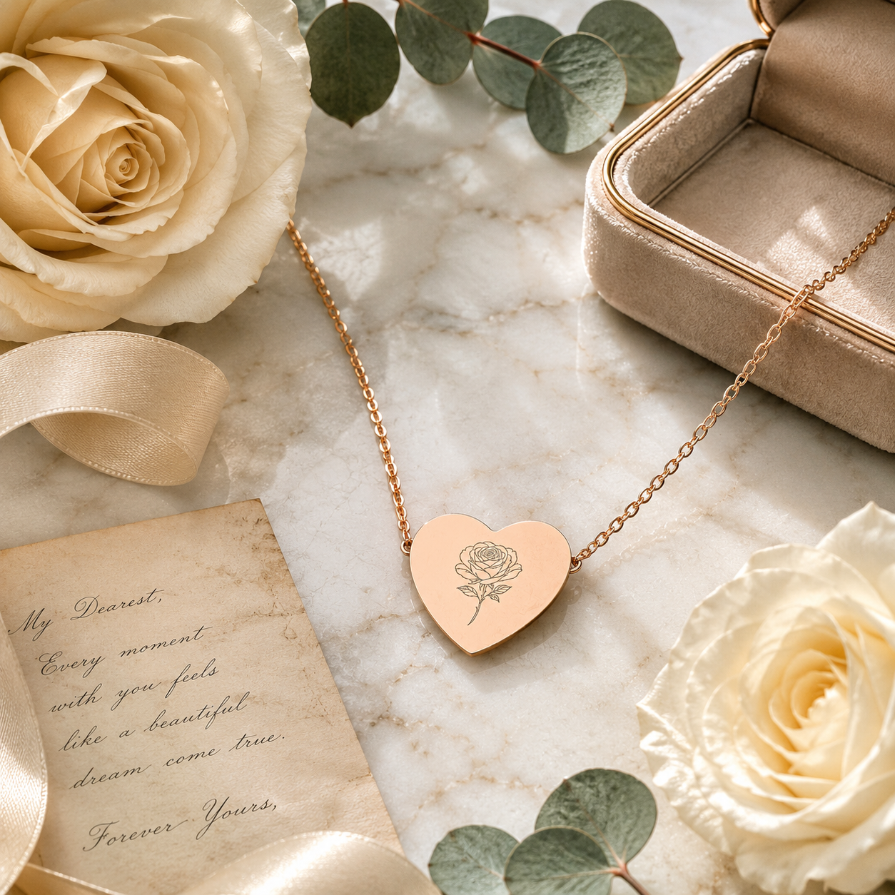 18K Rose Gold PVD Rose Engraved Heart Necklace for Women | Gift for Her