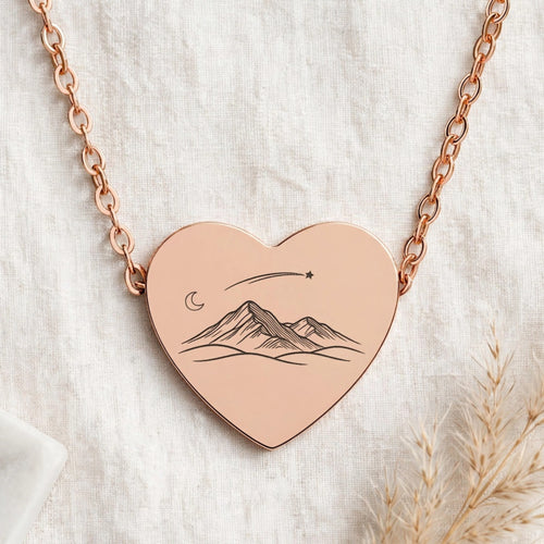 18K Rose Gold Mountain Heart Necklace – Moon & Shooting Star Engraved Pendant | Gift for Her