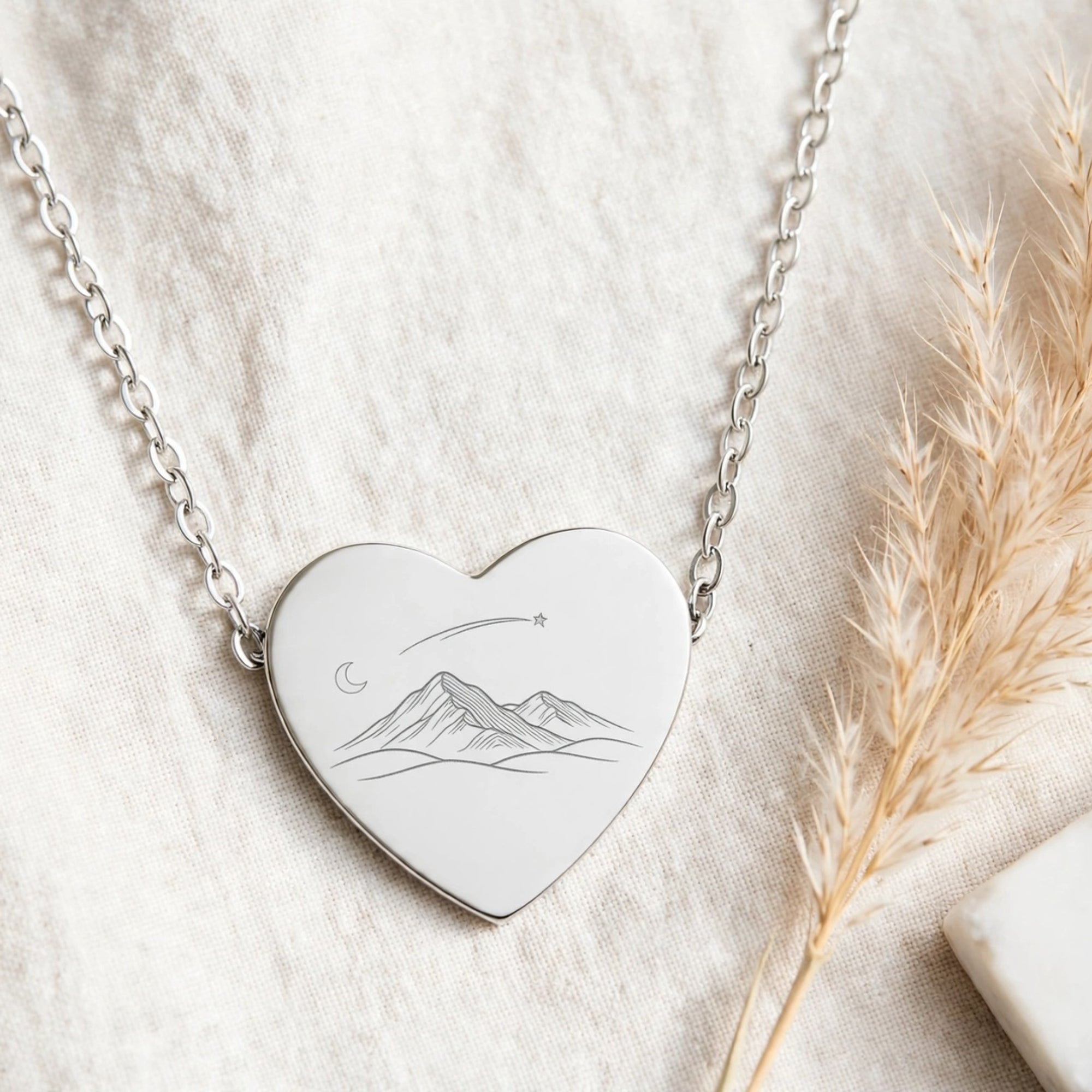 18K Rose Gold Mountain Heart Necklace – Moon & Shooting Star Engraved Pendant | Gift for Her