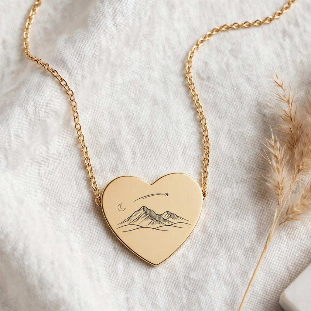 18K Rose Gold Mountain Heart Necklace – Moon & Shooting Star Engraved Pendant | Gift for Her