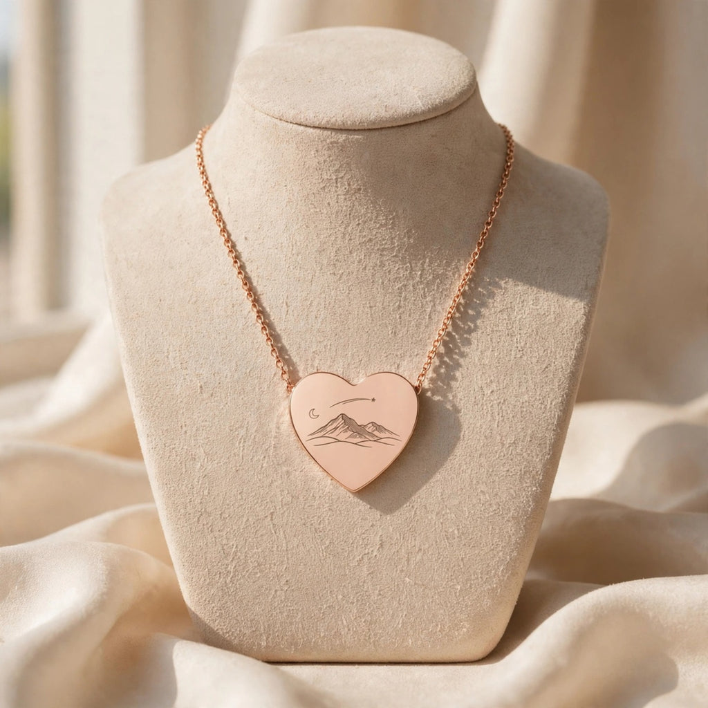 18K Rose Gold Mountain Heart Necklace – Moon & Shooting Star Engraved Pendant | Gift for Her