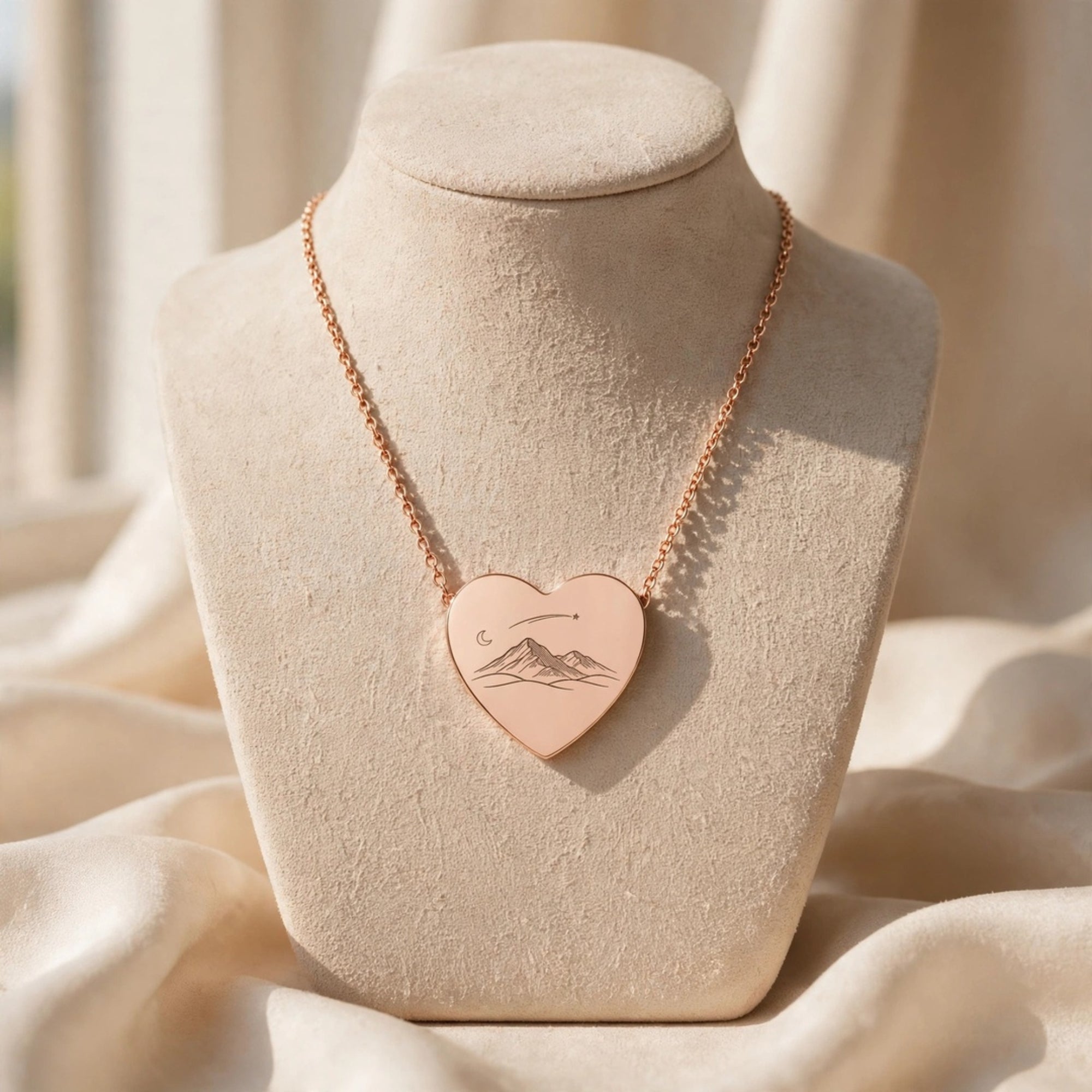 18K Rose Gold Mountain Heart Necklace – Moon & Shooting Star Engraved Pendant | Gift for Her
