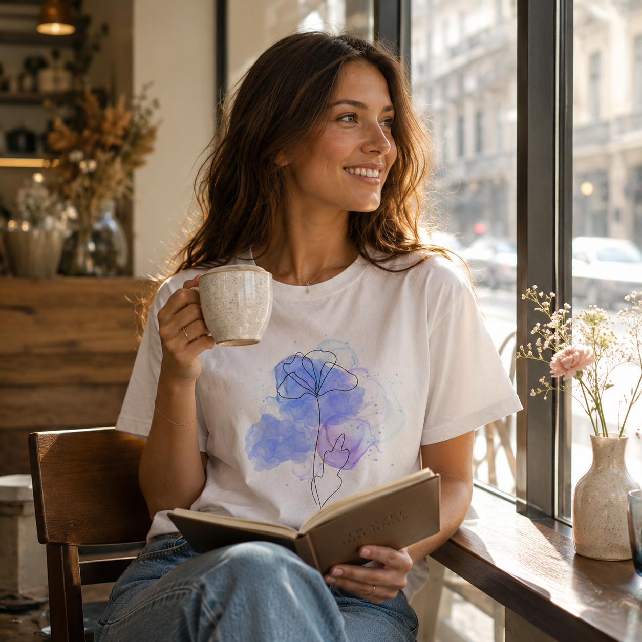 Minimalist Blue Watercolor Floral T-Shirt for Women | Minimal Line Art Flower T-Shirt Gift for Her