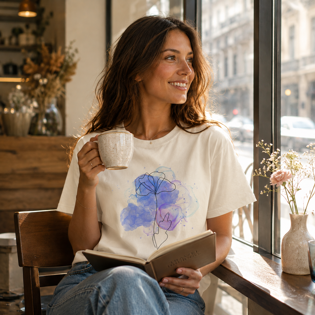 Minimalist Blue Watercolor Floral T-Shirt for Women | Minimal Line Art Flower T-Shirt Gift for Her