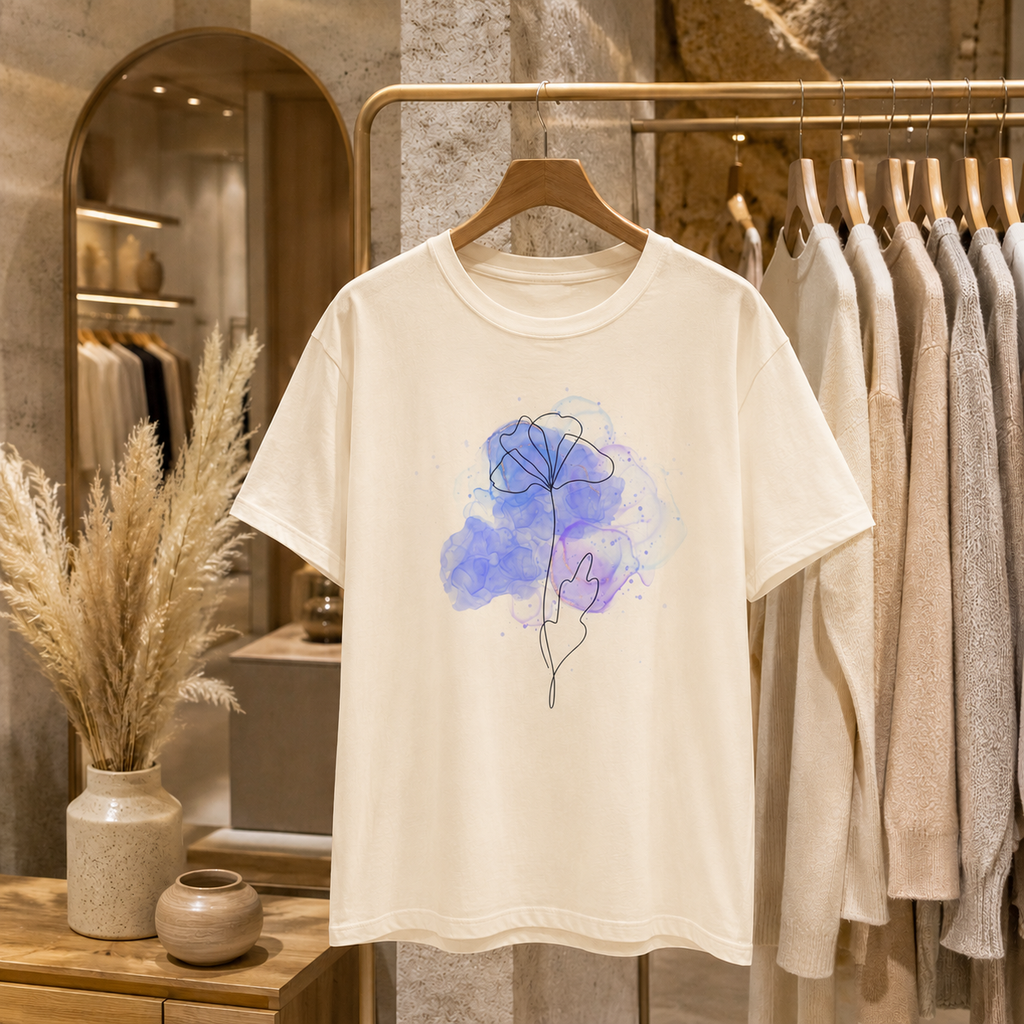Minimalist Blue Watercolor Floral T-Shirt for Women | Minimal Line Art Flower T-Shirt Gift for Her