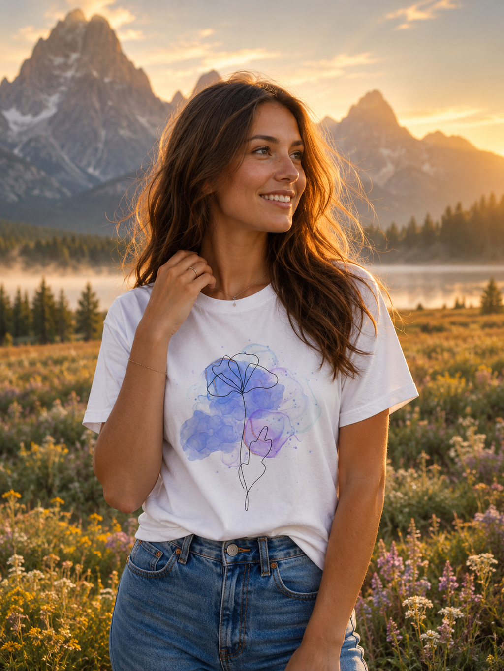 Minimalist Blue Watercolor Floral T-Shirt for Women | Minimal Line Art Flower T-Shirt Gift for Her