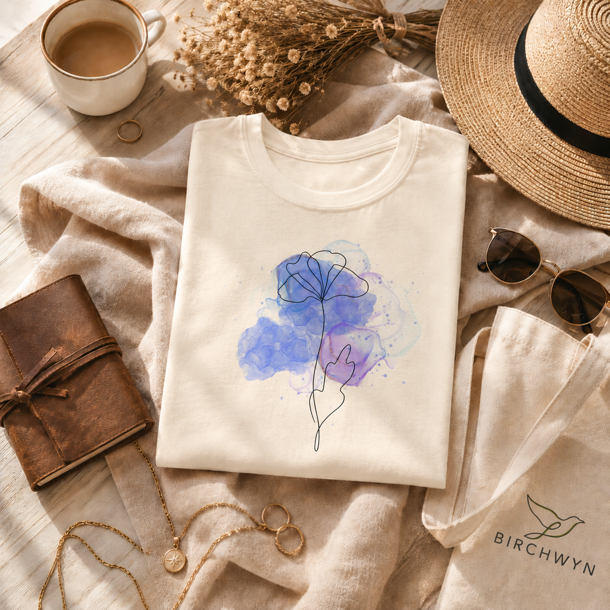 Minimalist Blue Watercolor Floral T-Shirt for Women | Minimal Line Art Flower T-Shirt Gift for Her