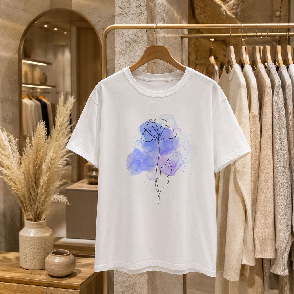 Minimalist Blue Watercolor Floral T-Shirt for Women | Minimal Line Art Flower T-Shirt Gift for Her