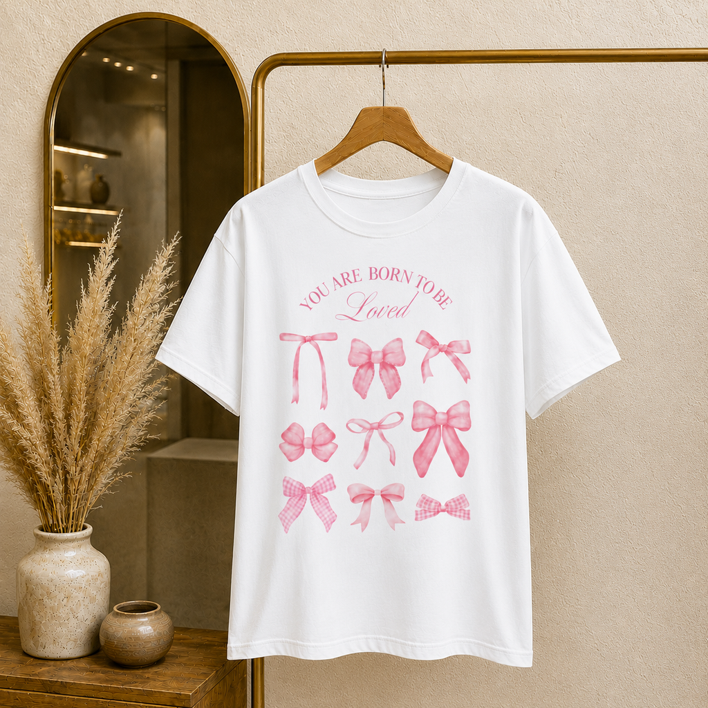 You Are Born to Be Loved Bow T-Shirt | Pink Ribbon Bow Graphic Tee | Feminine Vintage Cottagecore Gift