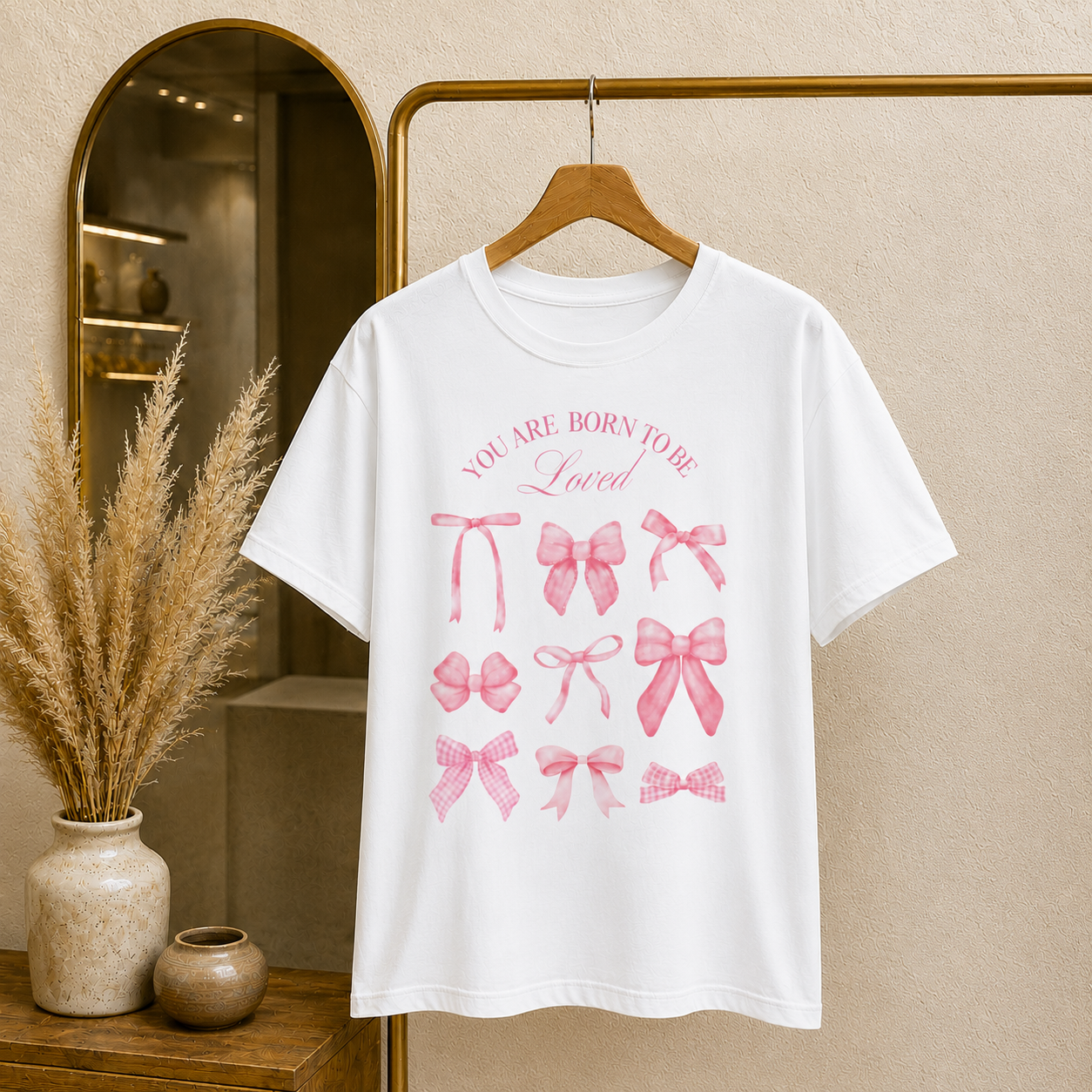 You Are Born to Be Loved Bow T-Shirt | Pink Ribbon Bow Graphic Tee | Feminine Vintage Cottagecore Gift