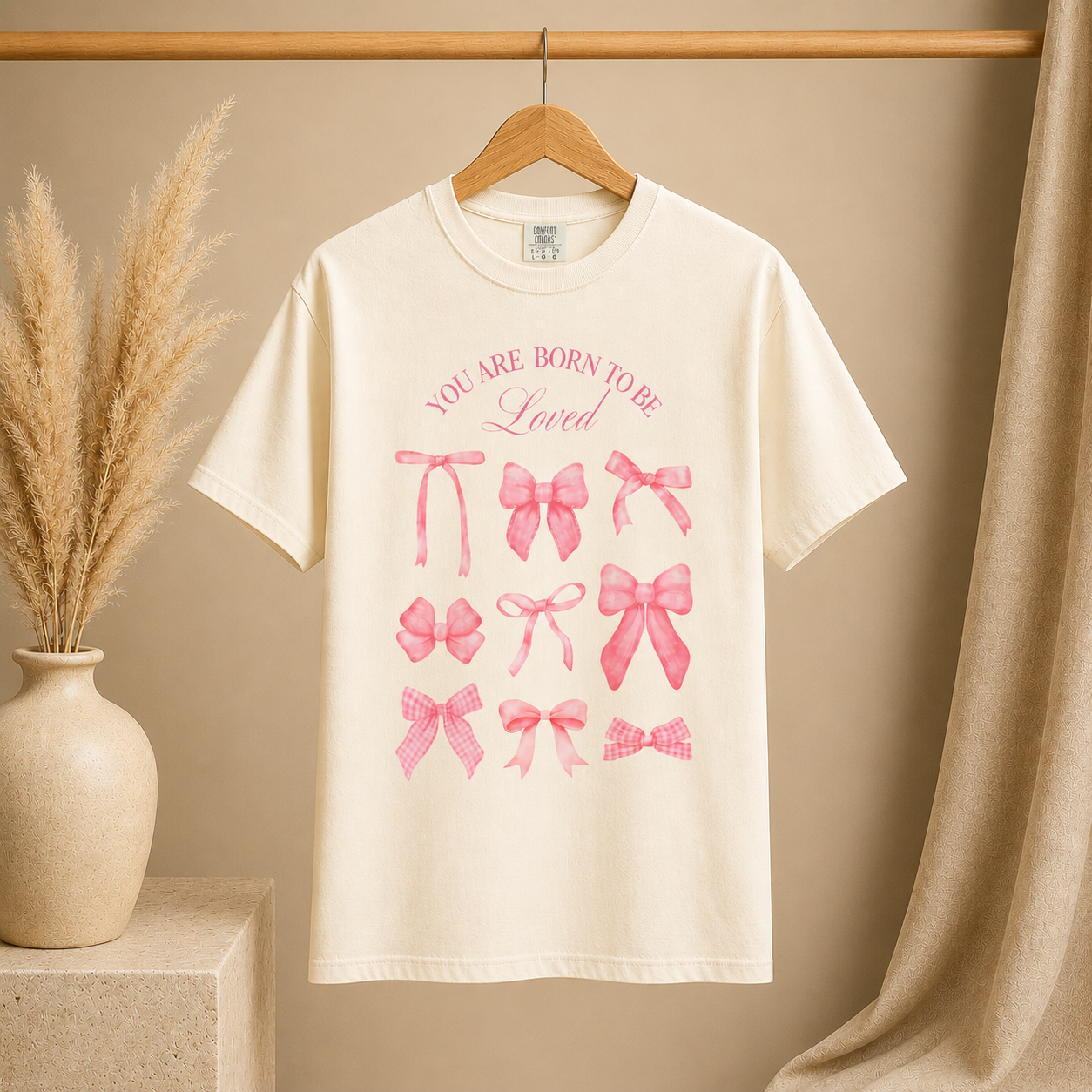 You Are Born to Be Loved Bow T-Shirt | Pink Ribbon Bow Graphic Tee | Feminine Vintage Cottagecore Gift