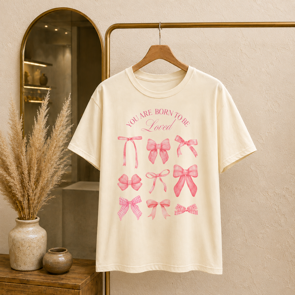 You Are Born to Be Loved Bow T-Shirt | Pink Ribbon Bow Graphic Tee | Feminine Vintage Cottagecore Gift