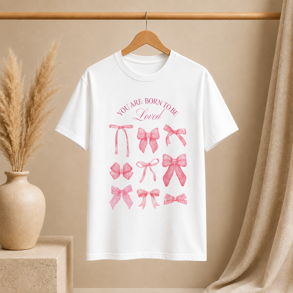 You Are Born to Be Loved Bow T-Shirt | Pink Ribbon Bow Graphic Tee | Feminine Vintage Cottagecore Gift