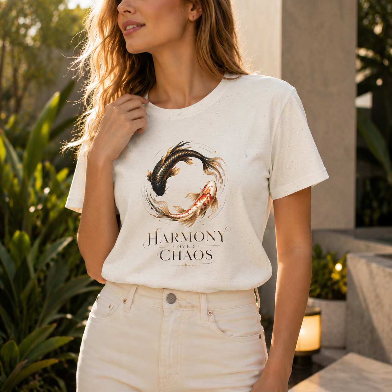 Harmony Over Chaos™ Koi Fish T-Shirt for Women | Japanese Zen Graphic Tee | Meaningful Mindfulness Shirt | Premium Minimalist Luxury Cotton Tee | Gift for Her