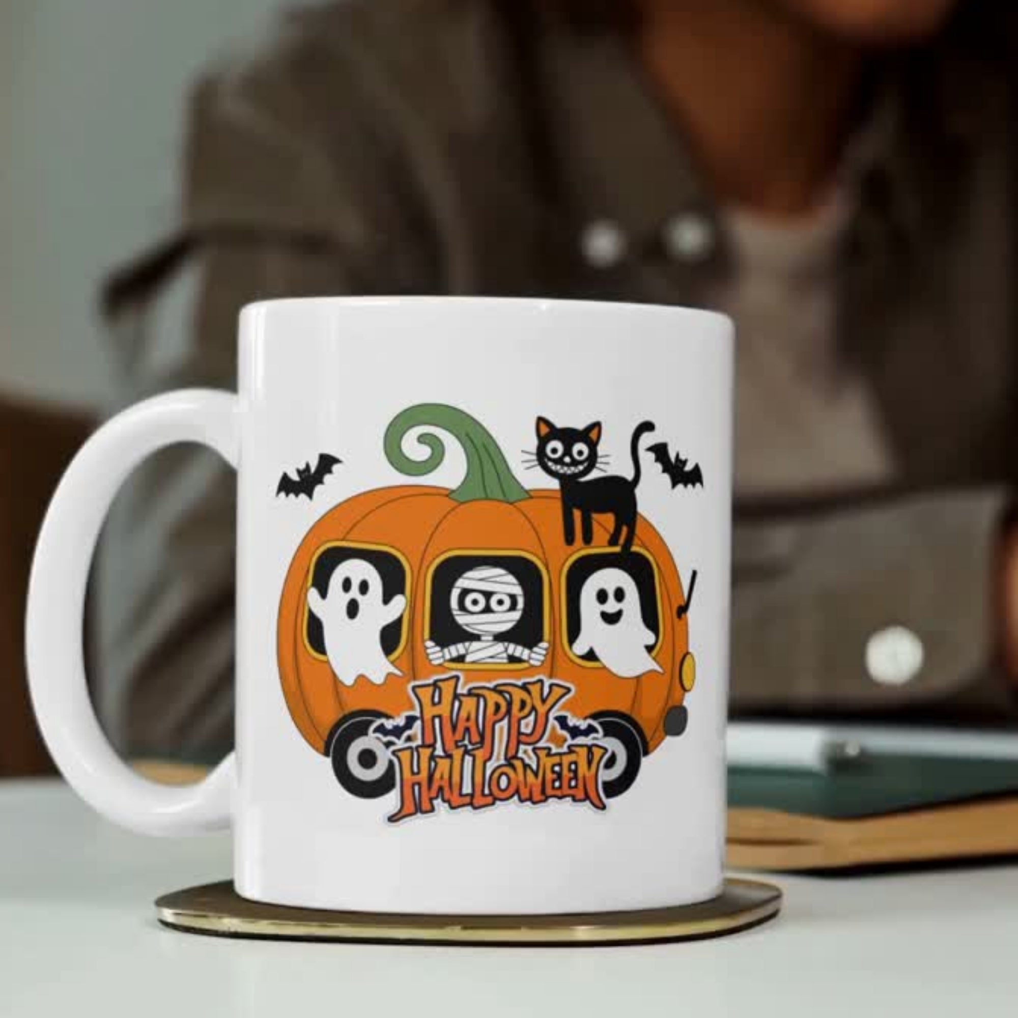 Happy Halloween Pumpkin Carriage Mug | Cute Ghosts, Mummy & Black Cat 11oz | Halloween Mug Collection