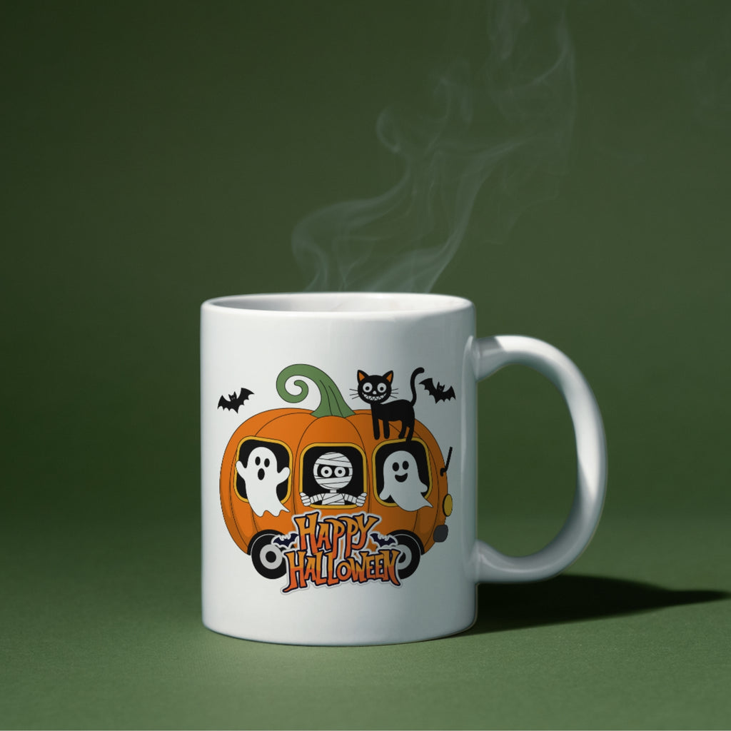 Happy Halloween Pumpkin Carriage Mug | Cute Ghosts, Mummy & Black Cat 11oz | Halloween Mug Collection