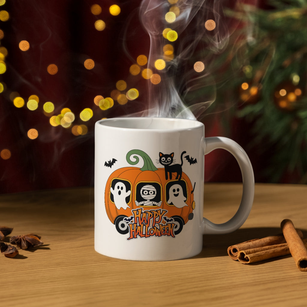 Happy Halloween Pumpkin Carriage Mug | Cute Ghosts, Mummy & Black Cat 11oz | Halloween Mug Collection