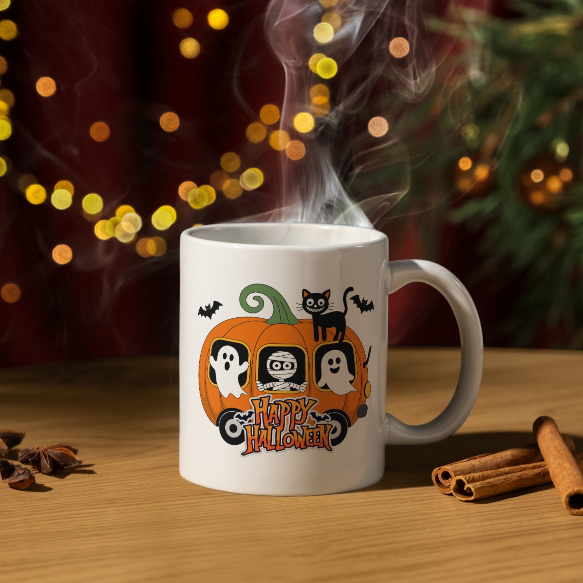 Happy Halloween Pumpkin Carriage Mug | Cute Ghosts, Mummy & Black Cat 11oz | Halloween Mug Collection
