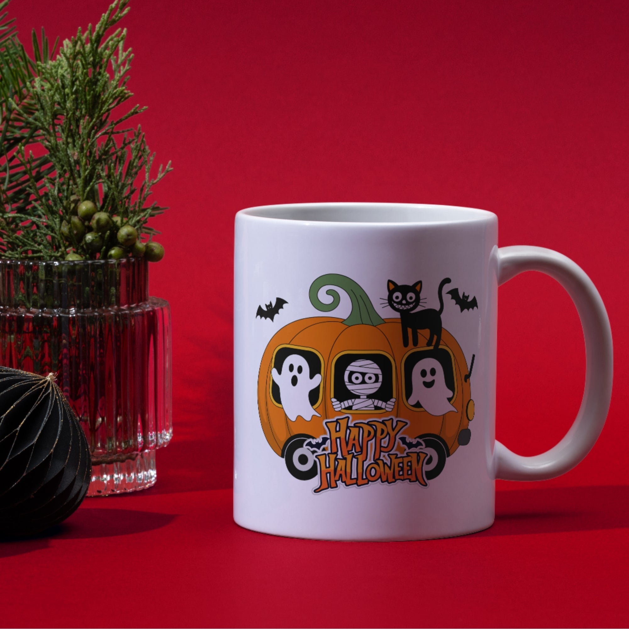 Happy Halloween Pumpkin Carriage Mug | Cute Ghosts, Mummy & Black Cat 11oz | Halloween Mug Collection