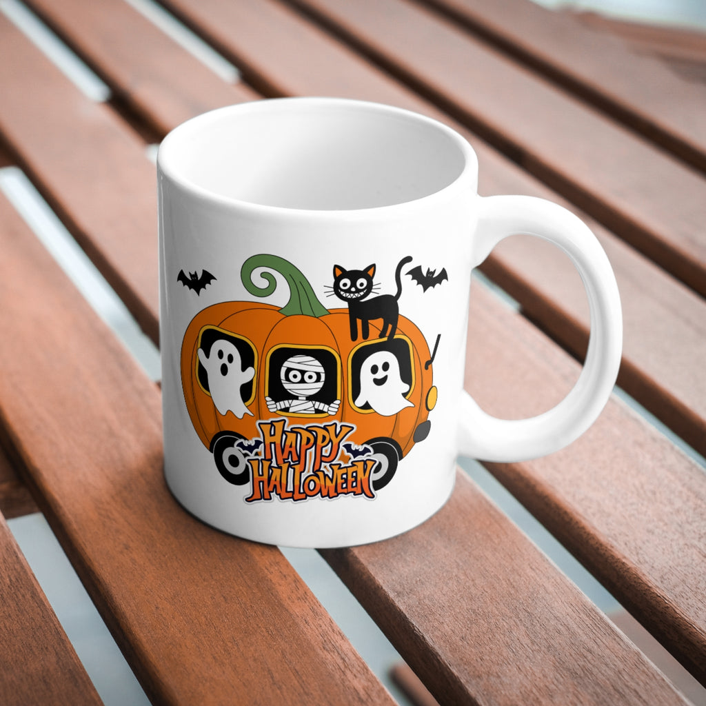 Happy Halloween Pumpkin Carriage Mug | Cute Ghosts, Mummy & Black Cat 11oz | Halloween Mug Collection