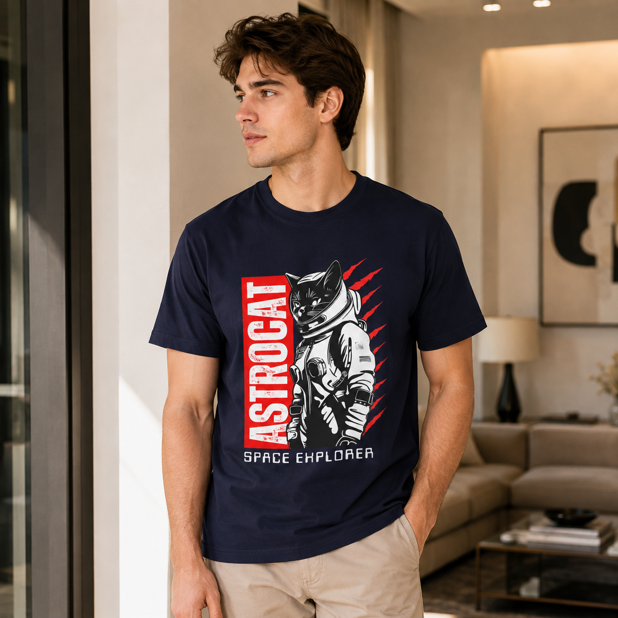 Astrocat Space Explorer Unisex T-Shirt | Astronaut Cat Graphic Tee | Vintage Heavyweight Cotton T-Shirt
