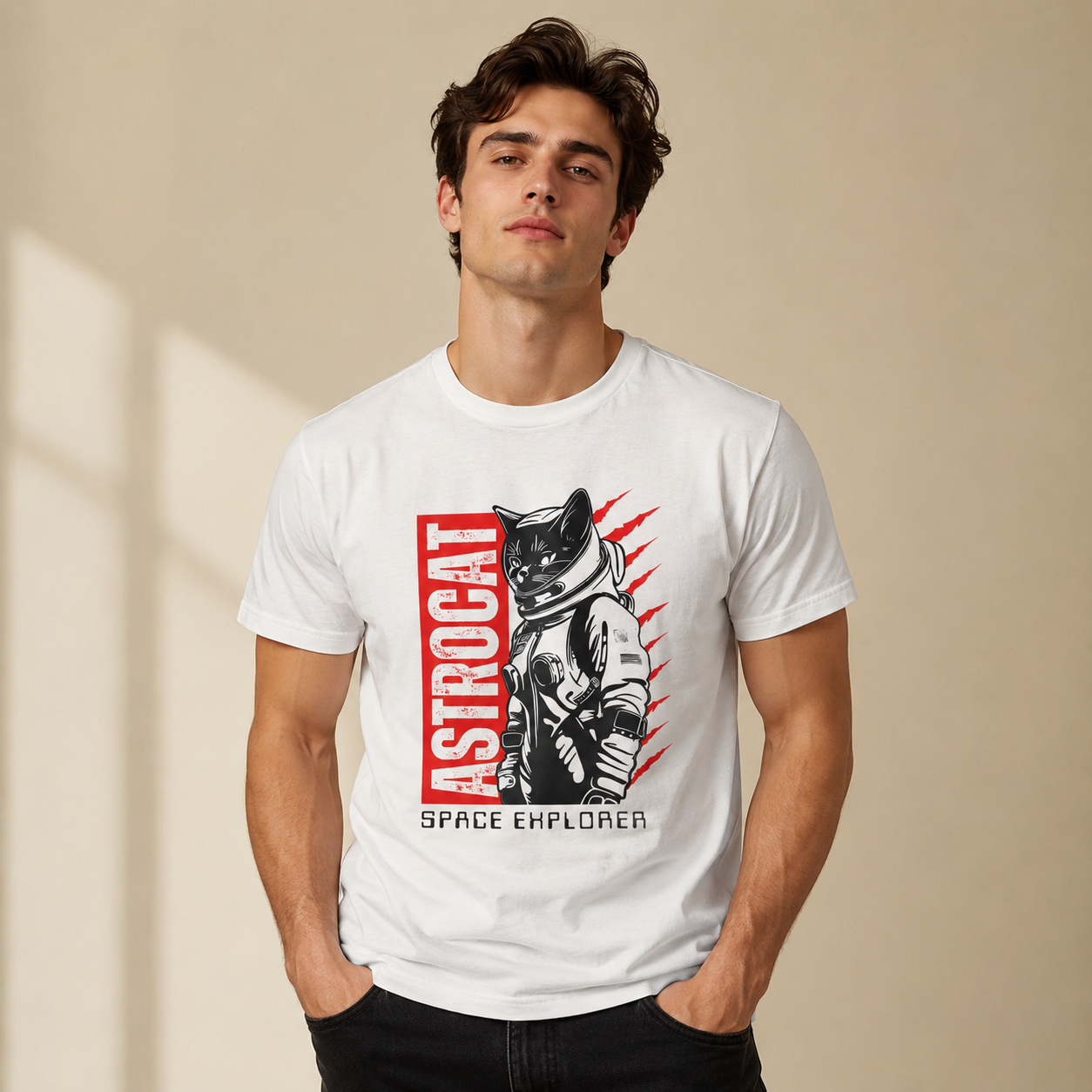 Astrocat Space Explorer Unisex T-Shirt | Astronaut Cat Graphic Tee | Vintage Heavyweight Cotton T-Shirt