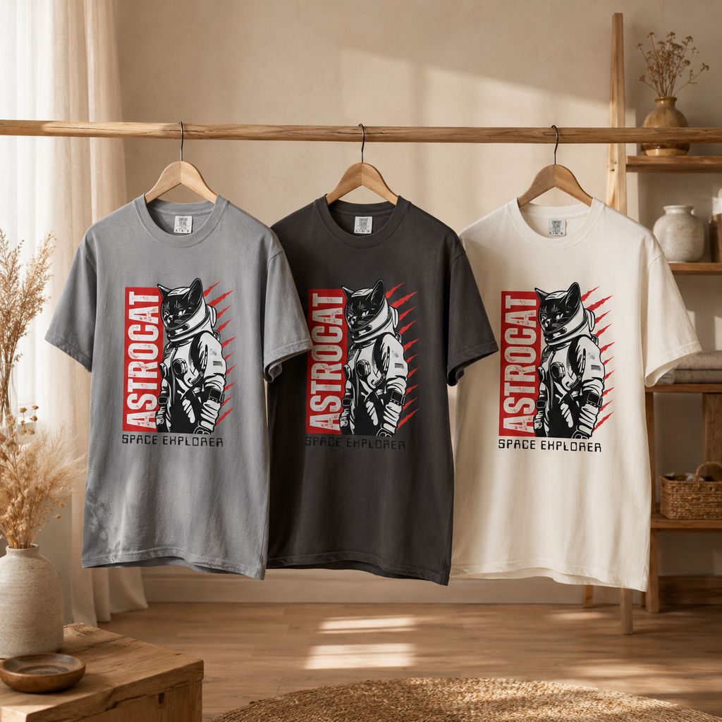Astrocat Space Explorer Unisex T-Shirt | Astronaut Cat Graphic Tee | Vintage Heavyweight Cotton T-Shirt