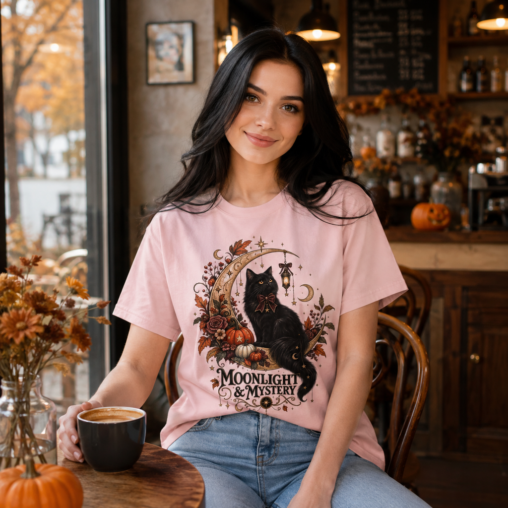 Halloween Black Cat T-Shirt for Women | Moonlight & Mystery Gothic Halloween Tee