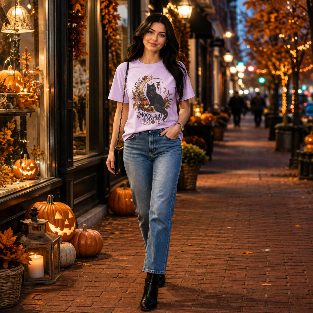 Halloween Black Cat T-Shirt for Women | Moonlight & Mystery Gothic Halloween Tee
