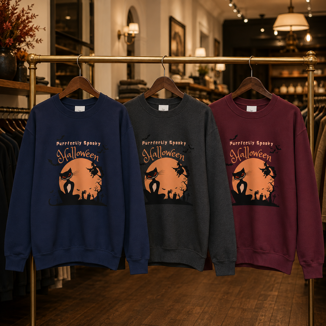 Halloween Sweatshirt for Women | Black Cat Halloween Crewneck | Spooky Season Fall Pullover | Cozy Autumn Sweater