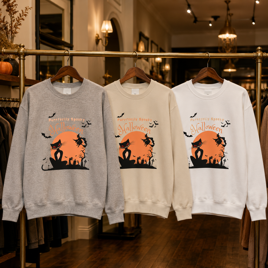Halloween Sweatshirt for Women | Black Cat Halloween Crewneck | Spooky Season Fall Pullover | Cozy Autumn Sweater