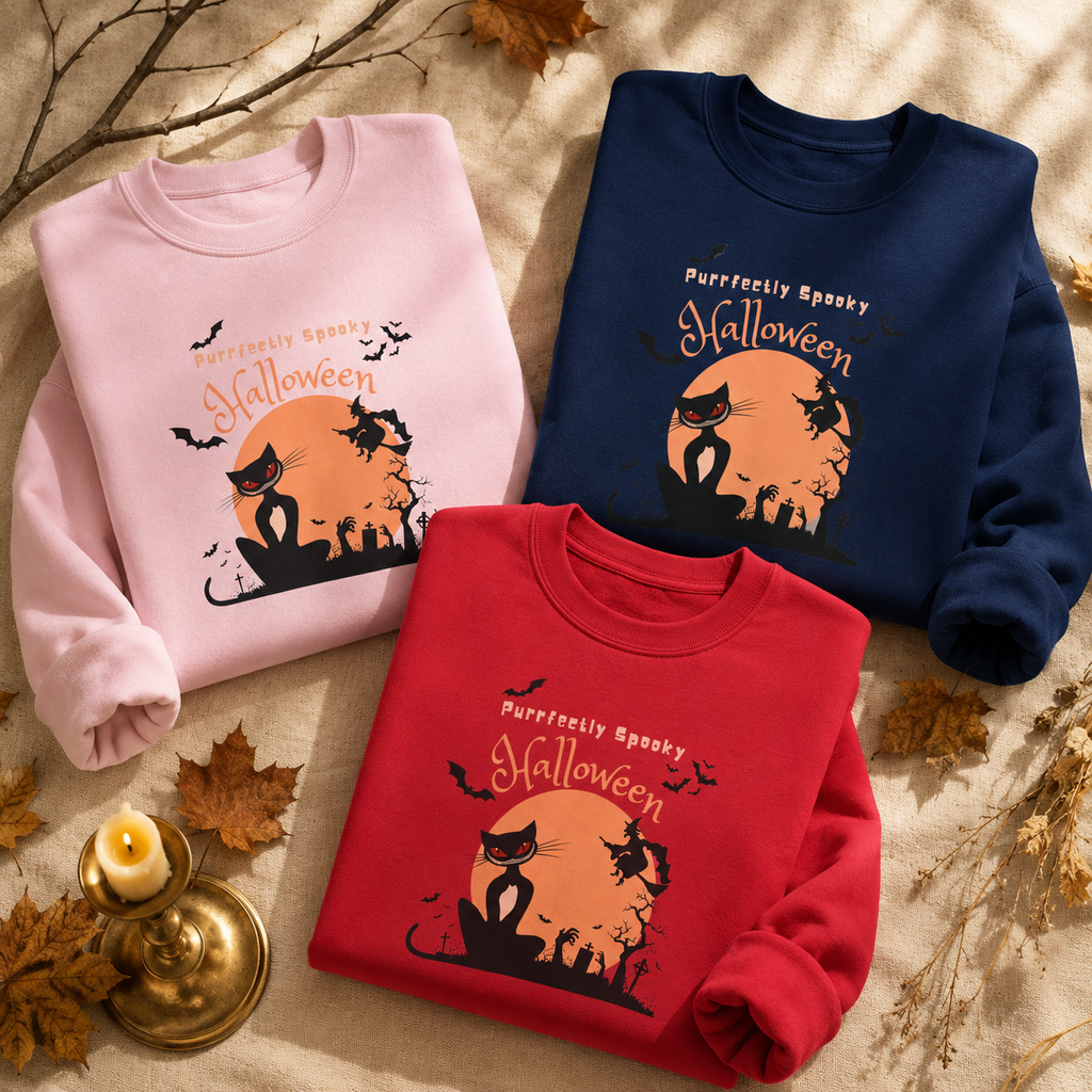 Halloween Sweatshirt for Women | Black Cat Halloween Crewneck | Spooky Season Fall Pullover | Cozy Autumn Sweater