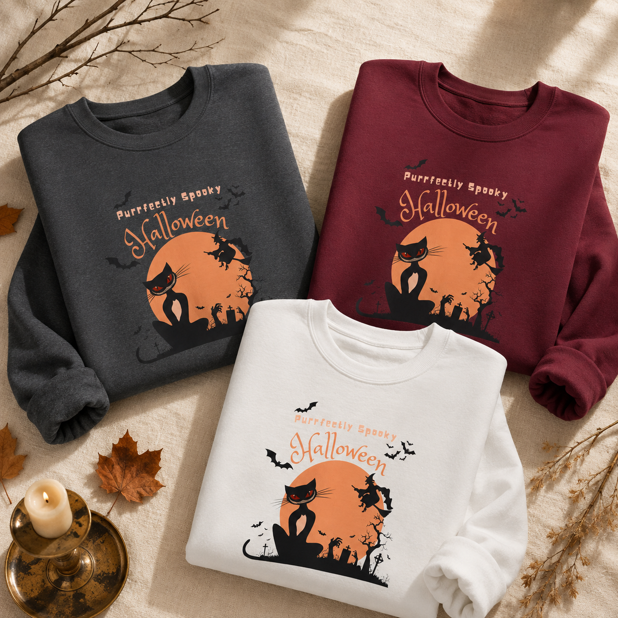 Halloween Sweatshirt for Women | Black Cat Halloween Crewneck | Spooky Season Fall Pullover | Cozy Autumn Sweater