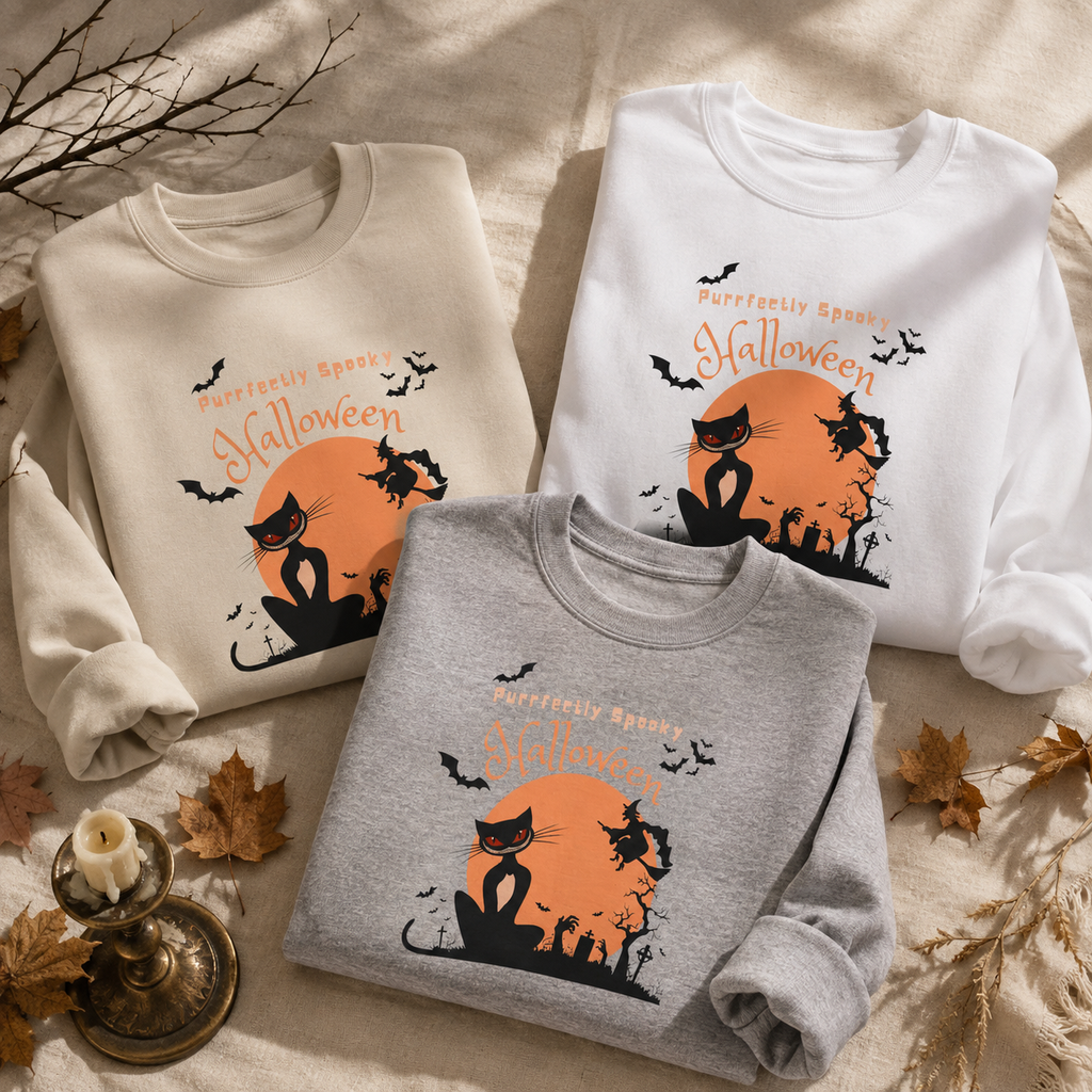 Halloween Sweatshirt for Women | Black Cat Halloween Crewneck | Spooky Season Fall Pullover | Cozy Autumn Sweater