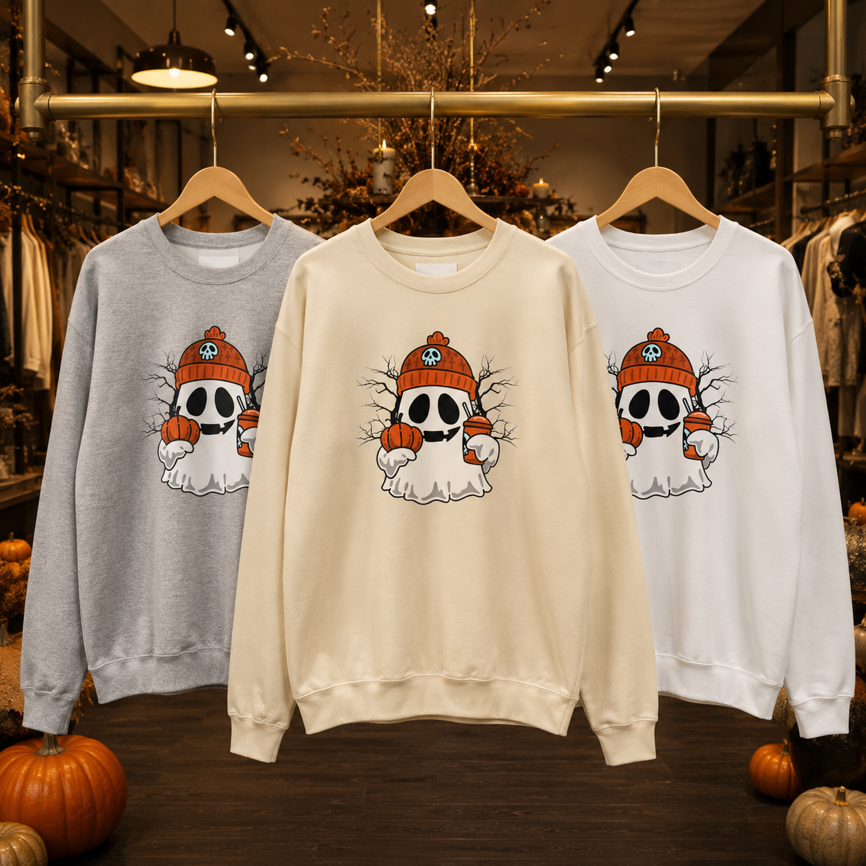 Halloween Ghost Pumpkin Sweatshirt for Women & Unisex | Cozy Spooky Season Crewneck